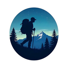 Abstract Hiking Silhouette: Backpacker with Mountain Emblem Design in Vector Format on a White Background.
