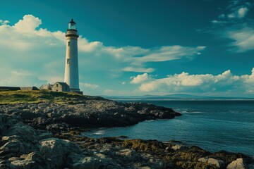 Coastal landscape with a lighthouse standing tall against a stunning blue sky
