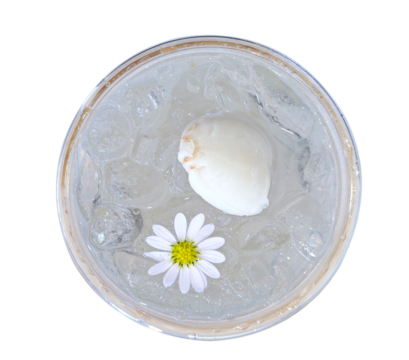 Coconut water with ice and flowers, refreshing in a glass..top view.