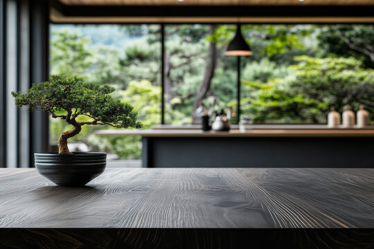 wooden table with bansai tree in modern interior