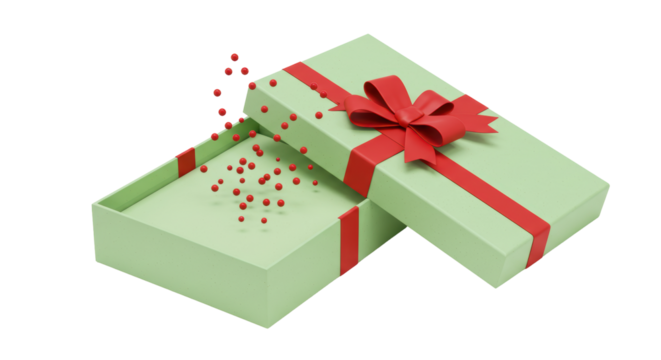 Isolated Open Gift Box with Red Ribbon and Falling Confetti