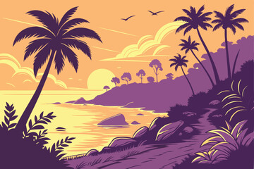 Obraz premium 13 Tropical beach sunset, vibrant colors, palm trees, rocky outcrops, tranquil ocean, golden sun rays, purple sky, orange horizon, reflective water, calm waves, scenic coastline, lush vegetation, pano