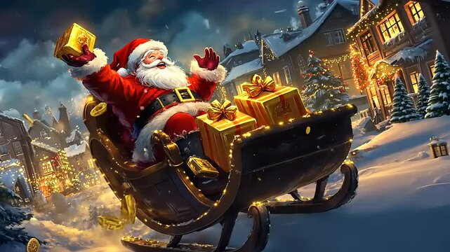 Santa Claus joyfully rides his sleigh filled with gifts through a festive winter village scene