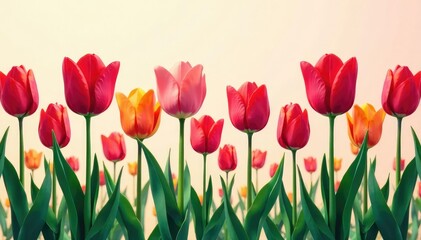 Vibrant, stylized tulips forming a continuous motif , contemporary, vibrant