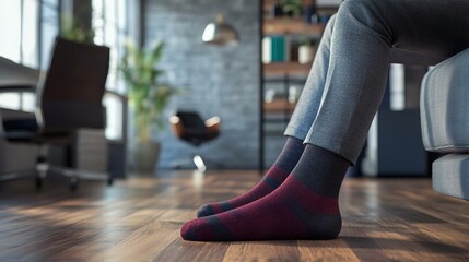Cozy indoor scene featuring a person wearing striped burgundy and gray socks, relaxing on a modern sofa in a stylish living room setting.