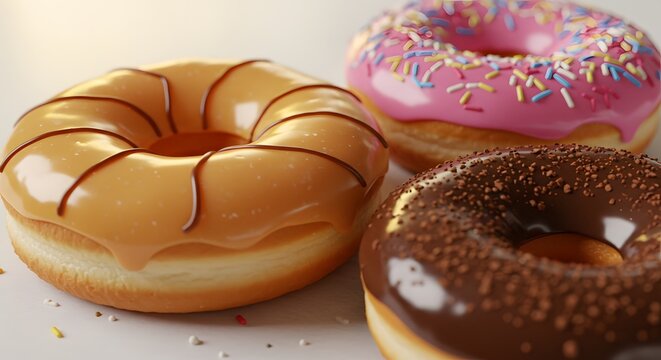 Three donuts with different toppings sit closely on a flat surface: one with caramel icing and chocolate drizzle, one with pink icing and colorful sprinkles, and one with chocolate icing and small spr
