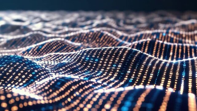 Illuminated Digital Landscape Mesmerizing Waves of Binary Code and Technology Patterns, Showcasing Innovation and Connectivity in Modern Data Flow