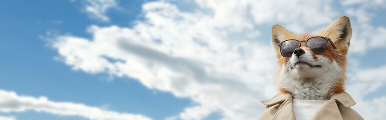 Fox with Sunglasses on Blue Sky with Clouds: Anthropomorphic Fox wearing Sunglasses and Trench Coat on Panoramic Sky Background – Conceptual Banner with Copy Space