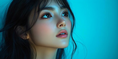 Naklejka premium Stunning portrait of a young woman with long hair, deep eyes, and soft facial features against a turquoise backdrop, exuding beauty and serenity.