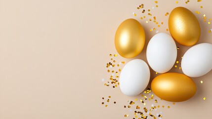 Elegant golden and white easter eggs arrangement on beige background festive decor minimalist style