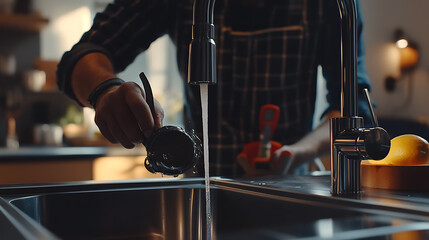 Plumber installing a new kitchen sink. Highlighting plumbing installation and home improvement