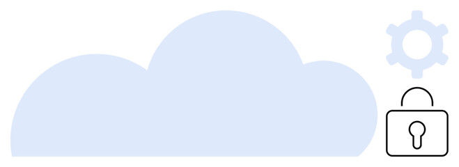 Blue cloud representing storage with lock icon for security and gear for settings. Ideal for cloud computing, cybersecurity, data privacy, technology, online storage, network protection, flat simple