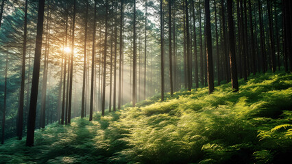 Fototapeta premium Dense fern-covered hillside under tall pine canopy, with soft natural shadows