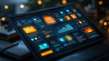 Tablet displaying data dashboards.  Interactive data visualization on a modern tablet