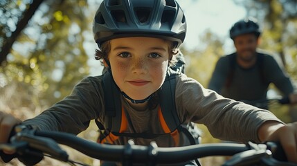 Naklejka premium Close-up of a young boy in a helmet, focused on learning to ride a mountain bike, with a blurred background of trees.