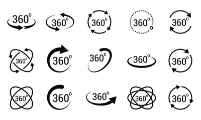 360 degree views icons. Signs with arrows to indicate the rotation or panoramas to 360 degrees.
