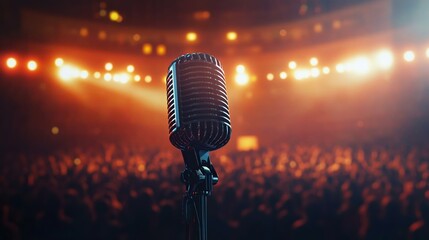 Close-up of a vintage microphone at a live concert with a blurred, energetic crowd and warm stage lights in the background.