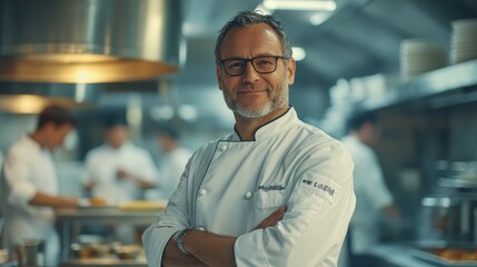 Obraz premium A middle-aged European chef confidently stands in a bustling kitchen, showcasing his culinary expertise with a smile, amid lively kitchen activity.