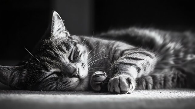 A serene tabby cat sleeping peacefully in black and white photography, showcasing intricate fur details and relaxed posture.
