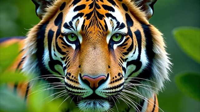 Close-up of Bengal tiger staring through lush green foliage, intense gaze and detailed fur, wild nature and jungle scene background 4K.