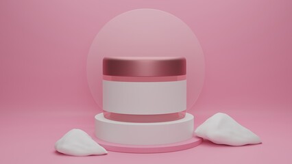 3D Beauty Cream Jar Mockup on a Pink Stage with Rose Gold Lid for Cosmetic Branding