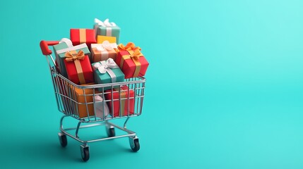 Colorful Shopping Bags and Cart on Minimalist Blue Background for Online Retail and E-commerce