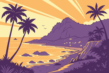 Obraz premium 13 Tropical beach sunset, vibrant colors, palm trees, rocky outcrops, tranquil ocean, golden sun rays, purple sky, orange horizon, reflective water, calm waves, scenic coastline, lush vegetation, pano
