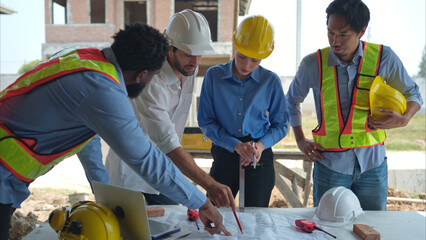 Group of architects and engineers work together to assess the residential home construction site's...