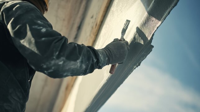 Construction worker applying protective coating to structure. Featuring thoroughness and care