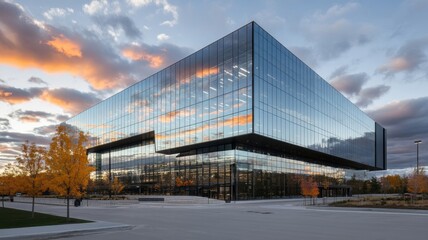 Fototapeta premium Modern glass building reflecting sunset colors in an urban setting during autumn