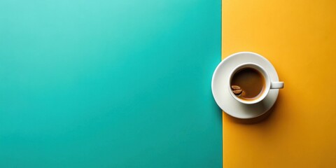 Aromatic Coffee in a White Cup on a Teal and Yellow Background