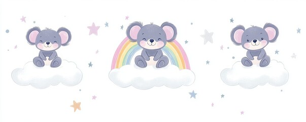 Fototapeta premium Two koalas are situated beneath rainbows that are floating on clouds accompanied by stars and hearts