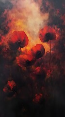 A captivating painting of vibrant red poppies against a dramatic, moody background with warm hues, evoking emotion and beauty.