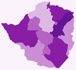 Map of Zimbabwe with regions. Just a simple country border map with region division. Purple color palette. Flat Zimbabwe shape with administrative division. Vector illustration.