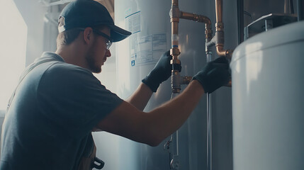 Plumber installing a new water heater in a utility room. Expertise and function