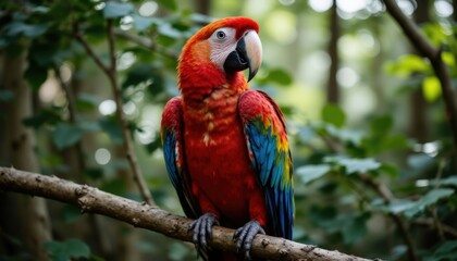 Fototapeta premium Colorful Scarlet Macaw Parrot Perched on Tree Branch in Dense Green Tropical Forest with Bright Plumage and Natural Habitat Scenery