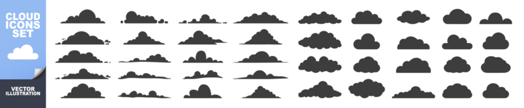 Clouds icon set isolated on transparent. A set of clouds illustration in the sky in black silhouette