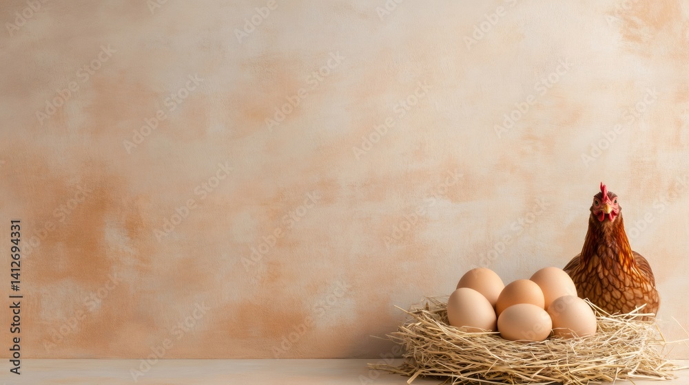Poster Brown hen is standing by a nest full of fresh eggs, showcasing organic farming practices and the origin of natural food in a rustic setting with copy space