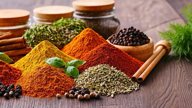 Colorful spices and herbs on a wooden surface