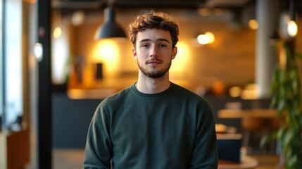 Fototapeta premium A young male software developer sits in a modern workspace, exuding confidence and focus. The portrait captures a serene atmosphere enhanced by natural light.