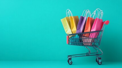Colorful Shopping Bags and Cart on Minimalist Blue Background for Online Retail and E-commerce