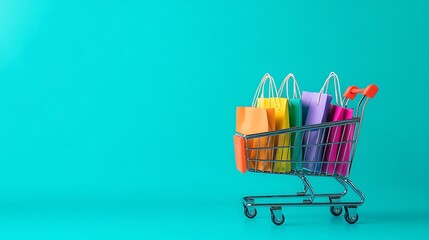 Colorful Shopping Bags and Cart on Minimalist Blue Background for Online Retail and E-commerce