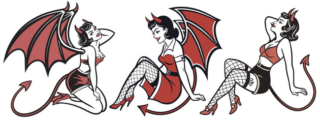 Kneeling pin up devil girl set featuring horns, tail and wings, holding her hair in a classic old school tattoo style. Aesthetic of traditional tattoo art