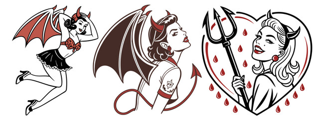 Vintage pin up style devil girl set featuring horns, tail and wings, holding her hair in a classic old school tattoo style. Aesthetic of traditional tattoo art