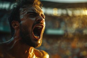 Dramatic Portrait of Fan Screaming in Stadium Crowd