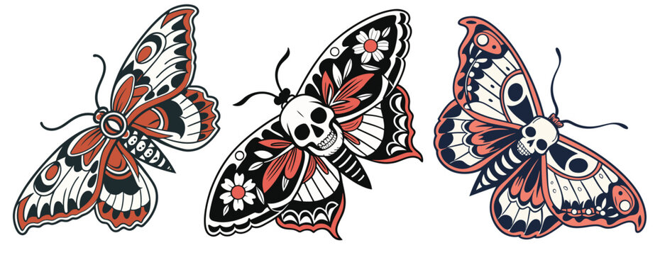 Neo traditional old school tattoo set of moth with skull shaped body and detailed wings, creating striking visual representation of life and death.