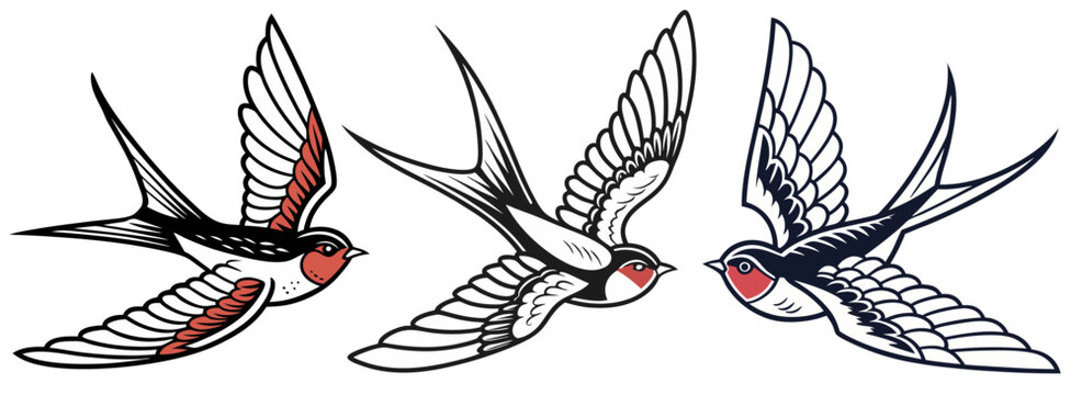 Classic old school swallow tattoo set flying with wide open wings. Detailed feathering and touch for vintage tattoo enthusiasts and bird lovers