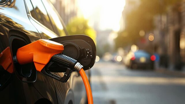 Electric car charging process featuring bright orange nozzle smoothly connecting with vehicle charging port, representing sustainable urban transportation and clean energy evolution