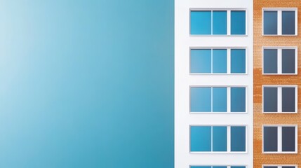Modern apartment building facade with large blue and brick accents in a contemporary urban setting under a clear sky