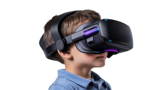 Child engrossed in virtual reality experience with modern vr headset and immersive technology